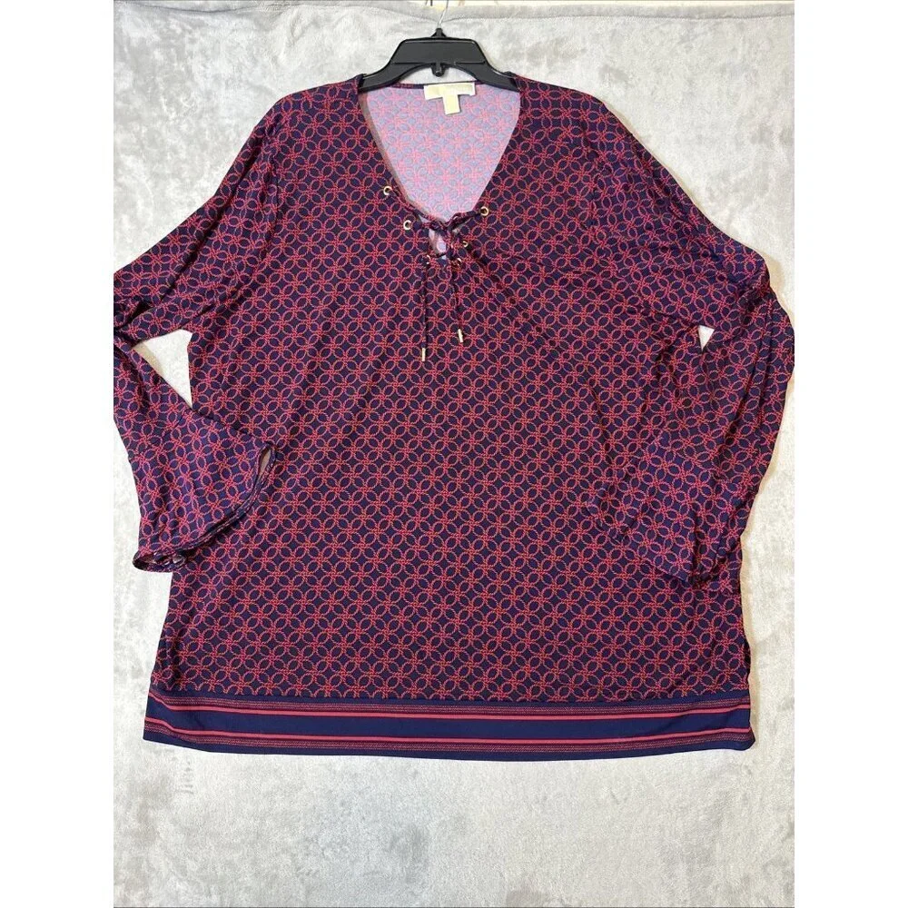 Michael Kors Plus Size 3X Lace Up V-Neck Tunic Blouse Geometric Print